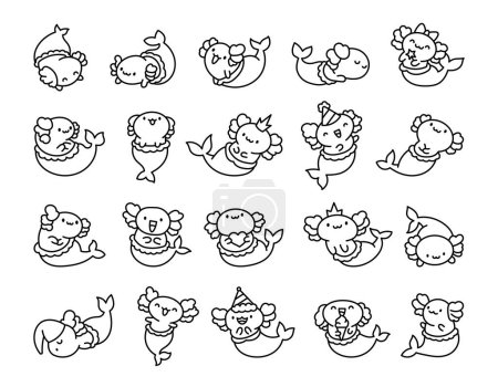 Illustration for Cute kawaii axolotl mermaid. Coloring Page. Cartoon fantasy animal characters. Hand drawn style. Vector drawing. Collection of design elements. - Royalty Free Image