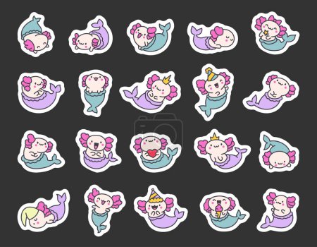 Illustration for Cute kawaii axolotl mermaid. Sticker Bookmark. Cartoon fantasy animal characters. Hand drawn style. Vector drawing. Collection of design elements. - Royalty Free Image