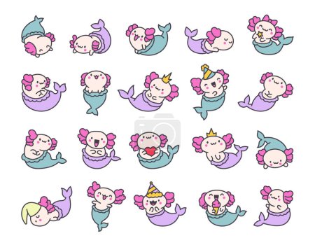 Mignon kawaii axolotl sirène. Personnages animaux fantaisie de bande dessinée. Style dessiné à la main. Le dessin vectoriel. Collection d'éléments de design.
