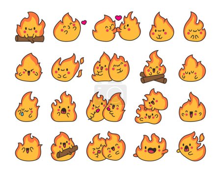 Illustration for Cute kawaii little fire. Cartoon flame characters. Hand drawn style. Vector drawing. Collection of design elements. - Royalty Free Image