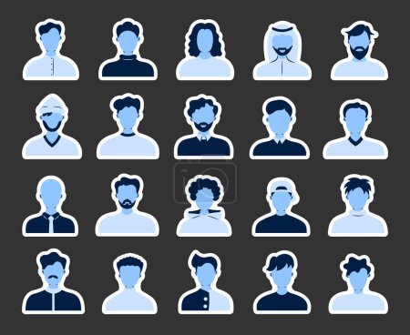 Illustration for Men face avatars. Sticker Bookmark. Unknown or anonymous person. Different male profile. Hand drawn style. Vector drawing. Collection of design elements. - Royalty Free Image