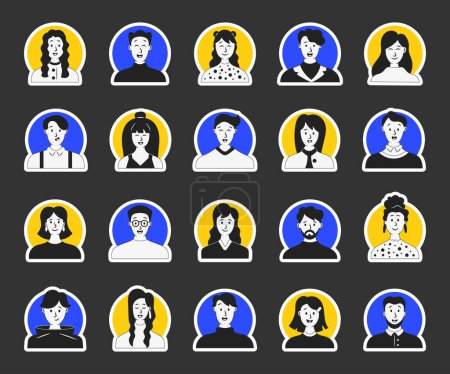 Illustration for Beautiful people avatars. Sticker Bookmark. Man and woman portraits. User profiles. Hand drawn style. Vector drawing. Collection of design elements. - Royalty Free Image
