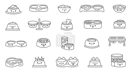 Illustration for Pets bowl with happy face. Coloring Page. Food for cats and dogs.Cartoon kawaii character. Hand drawn style. Vector drawing. Collection of design elements. - Royalty Free Image