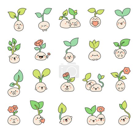 Illustration for Cute kawaii seed with roots. Bean sprout. Cartoon plant gardening characters. Hand drawn style. Vector drawing. Collection of design elements. - Royalty Free Image