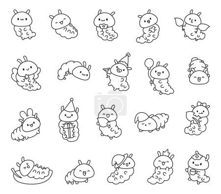 Illustration for Cute kawaii caterpillar. Coloring Page. Cartoon little insect characters. Hand drawn style. Vector drawing. Collection of design elements. - Royalty Free Image
