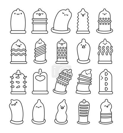 Illustration for Cute kawaii condoms with faces and emojis. Coloring Page. Cartoon contraception characters. Hand drawn style. Vector drawing. Collection of design elements. - Royalty Free Image
