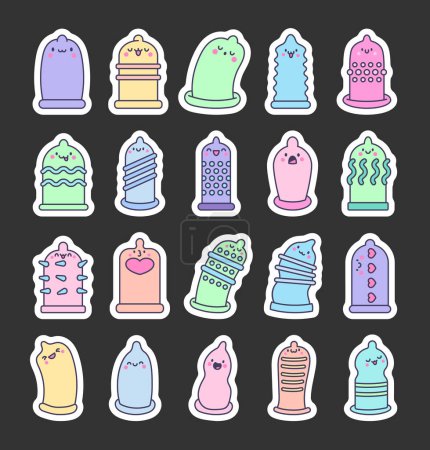 Illustration for Cute kawaii condoms with faces and emojis. Sticker Bookmark. Cartoon contraception characters. Hand drawn style. Vector drawing. Collection of design elements. - Royalty Free Image