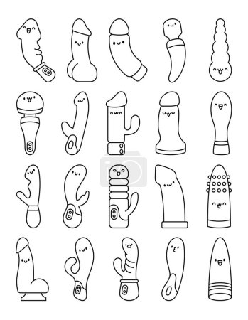 Cute cartoon kawaii dildo. Coloring Page. Sex toys characters for adults. Accessories for erotic games. Hand drawn style. Vector drawing. Collection of design elements.