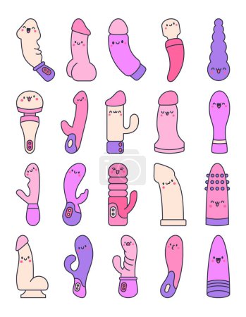 Téléchargez les illustrations : Cute cartoon kawaii dildo. Sex toys characters for adults. Accessories for erotic games. Hand drawn style. Vector drawing. Collection of design elements. - en licence libre de droit