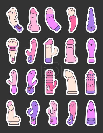 Illustration for Cute cartoon kawaii dildo. Sticker Bookmark. Sex toys characters for adults. Accessories for erotic games. Hand drawn style. Vector drawing. Collection of design elements. - Royalty Free Image