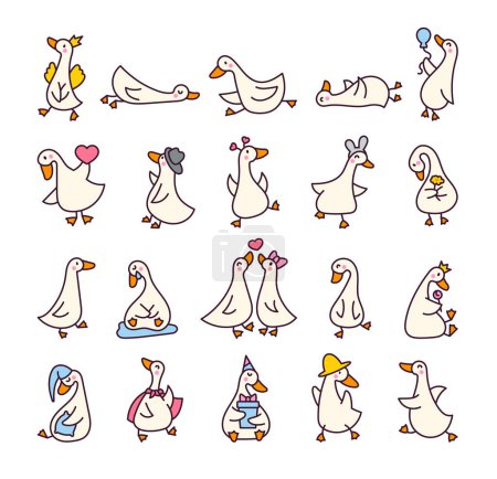 Illustration for Funny goose characters. Cute cartoon kawaii duck. Hand drawn style. Vector drawing. Collection of design elements. - Royalty Free Image