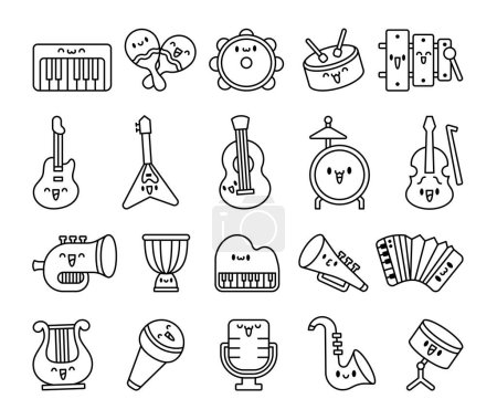 Illustration for Cute musical instruments with happy face. Coloring Page. Cartoon kawaii character. Funny music stuff. Hand drawn style. Vector drawing. Collection of design elements. - Royalty Free Image