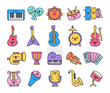 Illustration for Cute musical instruments with happy face. Cartoon kawaii character. Funny music stuff. Hand drawn style. Vector drawing. Collection of design elements. - Royalty Free Image