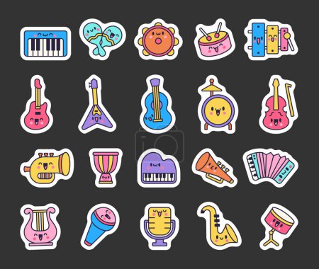 Illustration for Cute musical instruments with happy face. Sticker Bookmark. Cartoon kawaii character. Funny music stuff. Hand drawn style. Vector drawing. Collection of design elements. - Royalty Free Image