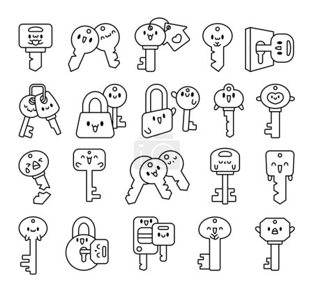 Illustration for Cute kawaii key. Coloring Page. Funny cartoon character. Hand drawn style. Vector drawing. Collection of design elements. - Royalty Free Image