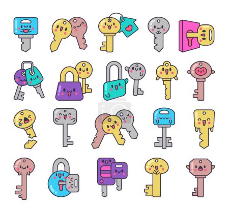 Illustration for Cute kawaii key. Funny cartoon character. Hand drawn style. Vector drawing. Collection of design elements. - Royalty Free Image