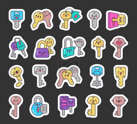 Illustration for Cute kawaii key. Sticker Bookmark. Funny cartoon character. Hand drawn style. Vector drawing. Collection of design elements. - Royalty Free Image