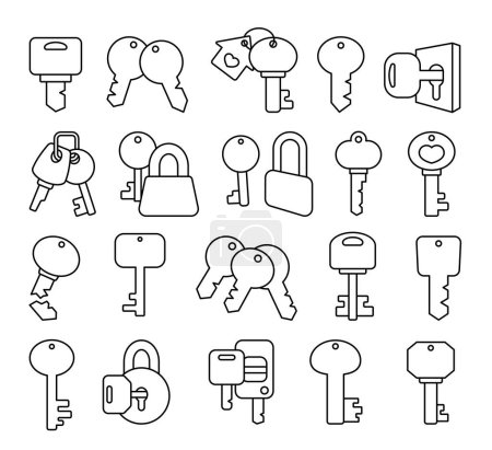 Illustration for Different keys with keychain. Coloring Page. Home rental, property. Hand drawn style. Vector drawing. Collection of design elements. - Royalty Free Image