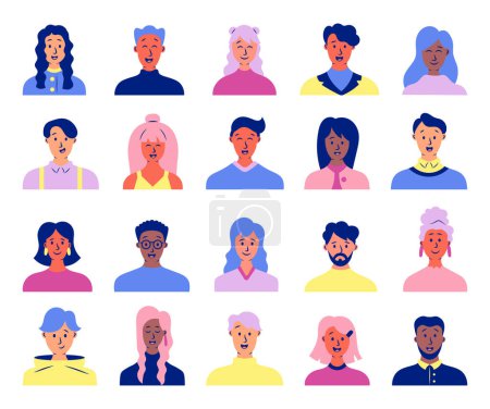 Illustration for People avatars. Multiethnic human portraits. User profiles. Hand drawn style. Vector drawing. Collection of design elements. - Royalty Free Image