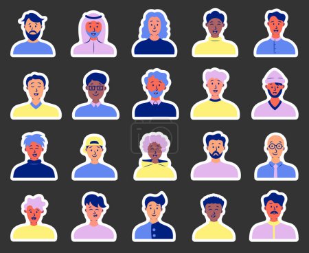 Illustration for Men avatars. Sticker Bookmark. Portrait of casual male with different hairstyles and outfits. User profiles. Hand drawn style. Vector drawing. Collection of design elements. - Royalty Free Image