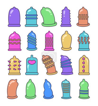 Illustration for Condoms. Medical contraceptive. Safe sex. Hand drawn style. Vector drawing. Collection of design elements. - Royalty Free Image