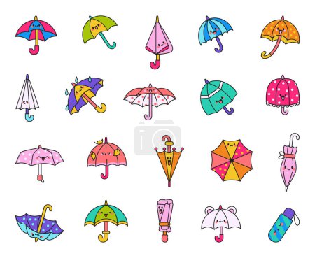 Illustration for Cute kawaii umbrella. Cartoon rainy seasonal parasols character. Hand drawn style. Vector drawing. Collection of design elements. - Royalty Free Image