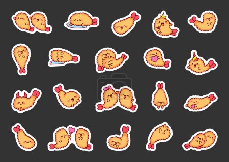 Illustration for Funny tempura shrimp characters. Sticker Bookmark. Cute cartoon japanese food. Hand drawn style. Vector drawing. Collection of design elements. - Royalty Free Image