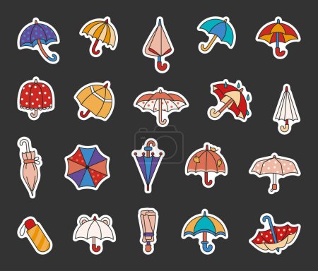 Illustration for Open and closed umbrella. Sticker Bookmark. Autum or spring season. Protection of rain. Hand drawn style. Vector drawing. Collection of design elements. - Royalty Free Image