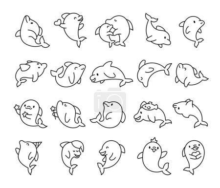 Illustration for Cute kawaii dolphin in different poses. Coloring Page. Funny cartoon marine character. Hand drawn style. Vector drawing. Collection of design elements. - Royalty Free Image