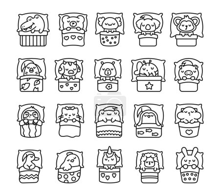 Illustration for Cute sleeping animals in bed. Coloring Page. Night dream. Cartoon adorable characters. Hand drawn style. Vector drawing. Collection of design elements. - Royalty Free Image