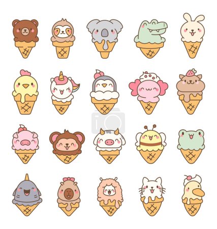 Illustration for Cute animals with ice cream in waffle cone. Cartoon funny food dessert. Hand drawn style. Vector drawing. Collection of design elements. - Royalty Free Image