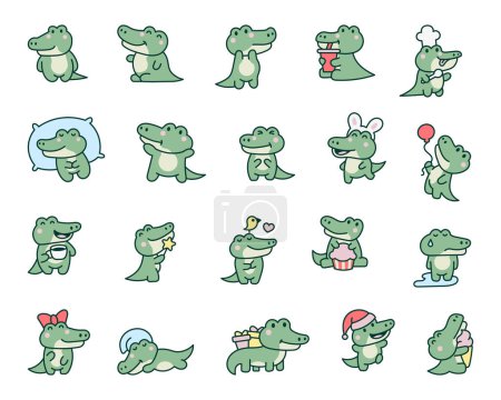 Illustration for Cute kawaii crocodile. Cartoon adorable animal characters. Hand drawn style. Vector drawing. Collection of design elements. - Royalty Free Image