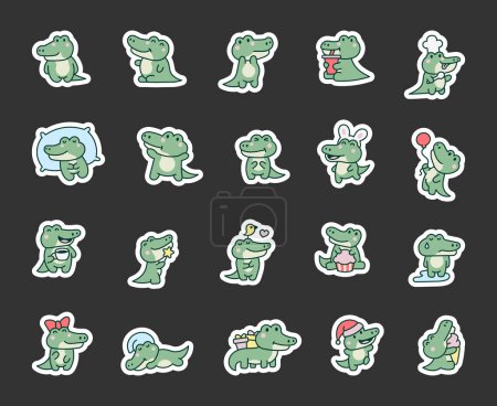 Illustration for Cute kawaii crocodile. Sticker Bookmark. Cartoon adorable animal characters. Hand drawn style. Vector drawing. Collection of design elements. - Royalty Free Image