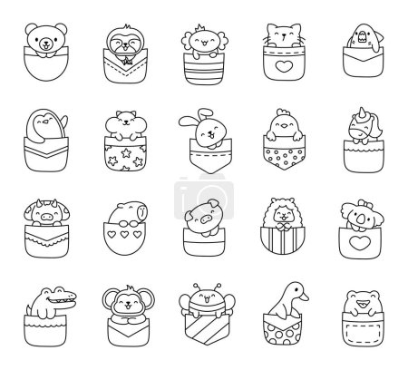 Illustration for Cute animals in the pocket. Coloring Page. Cartoon funny characters. Hand drawn style. Vector drawing. Collection of design elements. - Royalty Free Image