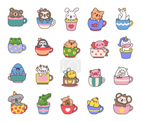 Illustration for Cute kawaii animals in a cup. Funny adorable cartoon character. Hand drawn style. Vector drawing. Collection of design elements. - Royalty Free Image