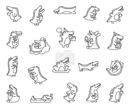Illustration for Cute crocodile character engaged in different activity. Coloring Page. Funny adorable cartoon animal. Hand drawn style. Vector drawing. Collection of design elements. - Royalty Free Image