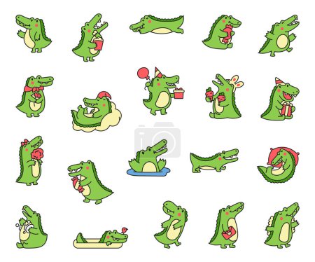 Illustration for Cute crocodile character engaged in different activity. Funny adorable cartoon animal. Hand drawn style. Vector drawing. Collection of design elements. - Royalty Free Image