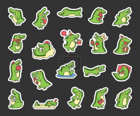 Illustration for Cute crocodile character engaged in different activity. Sticker Bookmark. Funny adorable cartoon animal. Hand drawn style. Vector drawing. Collection of design elements. - Royalty Free Image