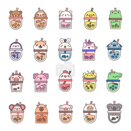 Illustration for Matcha bubble tea with animal faces. Boba beverage. Hand style. Vector drawing. Collection of design elements. - Royalty Free Image