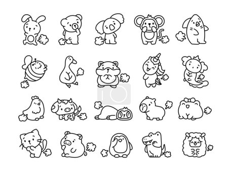 Cute and funny farting animals. Coloring Page. Cartoon characters. Hand drawn style. Vector drawing. Collection of design elements.