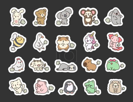 Cute and funny farting animals. Sticker Bookmark. Cartoon characters. Hand drawn style. Vector drawing. Collection of design elements.