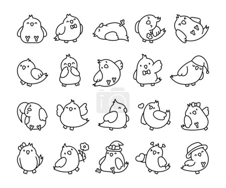 Illustration for Cute cartoon pet birds. Coloring Page. Adorable kawaii parrots characters. Cockatiel, parakeet. Hand drawn style. Vector drawing. Collection of design elements. - Royalty Free Image