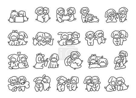 Illustration for Cute couples dogs friendship. Coloring Page. Pets hugging, sitting together cartoon characters. Hand drawn style. Vector drawing. Collection of design elements. - Royalty Free Image