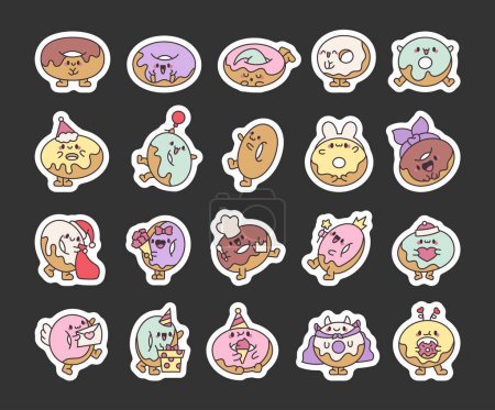 Illustration for Funny donut cartoon character. Sticker Bookmark. Adorable kawaii sweet food. Hand drawn style. Vector drawing. Collection of design elements. - Royalty Free Image