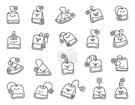 Illustration for Cute kawaii tea bag cartoon character. Coloring Page. Hand drawn style. Vector drawing. Collection of design elements. - Royalty Free Image