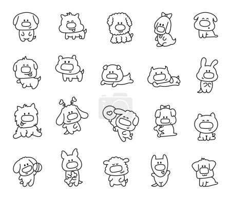 Illustration for Cute dogs and puppy characters. Coloring Page. Cartoon funny pet animals. Hand drawn style. Vector drawing. Collection of design elements. - Royalty Free Image