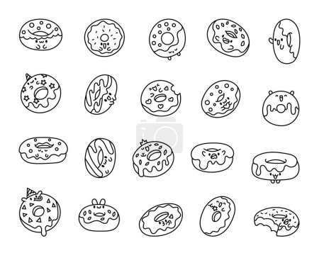 Illustration for Cute cartoon kawaii donut. Coloring Page. Sweet doughnuts characters. Hand drawn style. Vector drawing. Collection of design elements. - Royalty Free Image