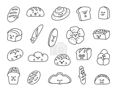 Illustration for Cute kawaii bread with smiley face. Coloring Page. Bakery food cartoon characters. Hand drawn style. Vector drawing. Collection of design elements. - Royalty Free Image