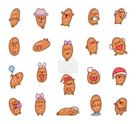 Illustration for Funny bread characters. Cute tasty bakery pastries, cartoon happy faces. Hand drawn style. Vector drawing. Collection of design elements. - Royalty Free Image