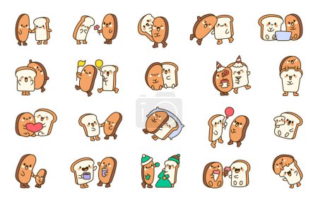 Illustration for Funny couple bread cartoon characters. Cute kawaii bakery friends. Hand drawn style. Vector drawing. Collection of design elements. - Royalty Free Image